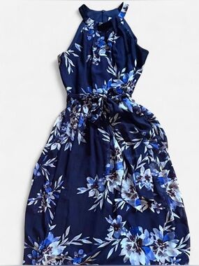 Eliza J Women's Sleeveless Gown with Ruffle and Gathered Front, Navy Blue, 6